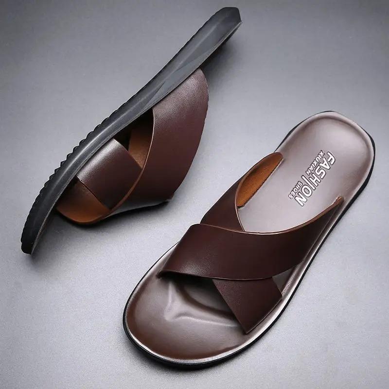 Men Slippers High Quality Cowhide Leather Slipper Fashion Casual Beach Slipper Soft Soled Flat Slippers Men's Flip Flops Sllides