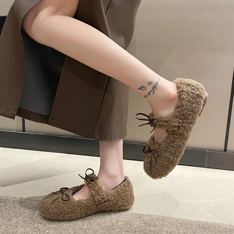 Sweet Bowknot Lambswool Ballet Flats Woman Winter Warm Plush Loafers Ladies Fur Round Toe Mary Jane Shoes