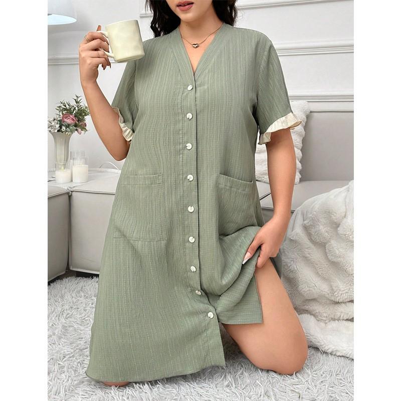 Womens V-Neck Cardigan Dress Pajamas Loose Plus Size Loungewear