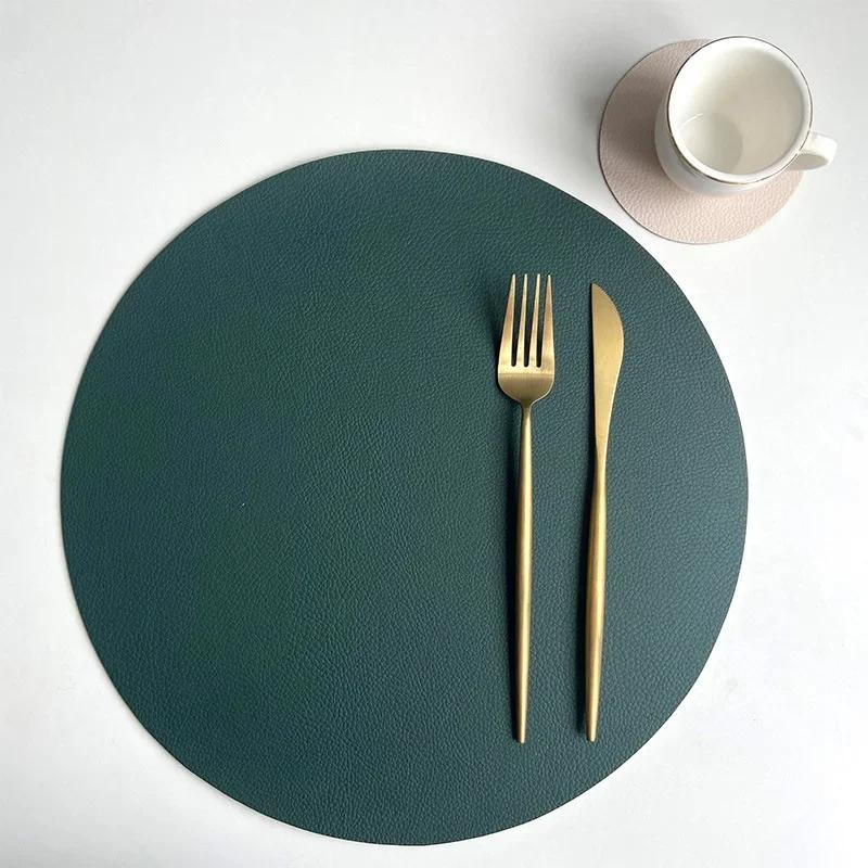 Okrúhle prestieranie z PU kože a sada podložiek Izolačná podložka Olejotesné Vodotesné obojstranné podložky pre kuchynské kaviarne Round32cm and 10cm gray