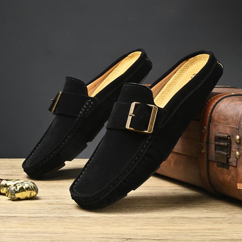 Luxury Designer Trend Men's Suede Leather Half Shoes For Men Mules Sandals Casual Shoes Slides Monk Strap Loafers Slippers