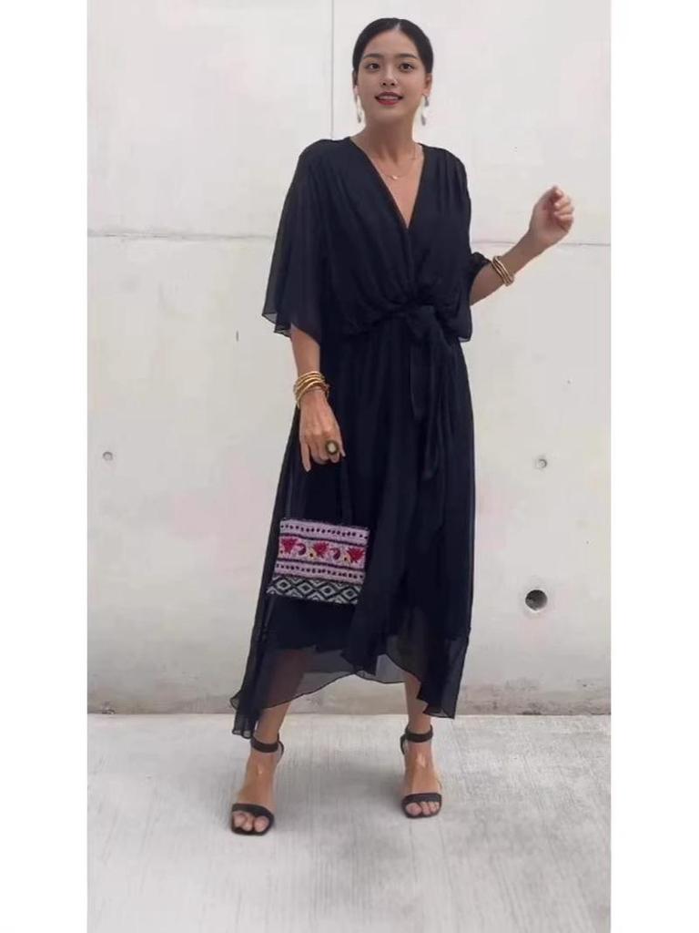 2026 European Women's Lace-up Batwing Sleeve Long Dress, Plus Size, Solid Color, Irregular Hem