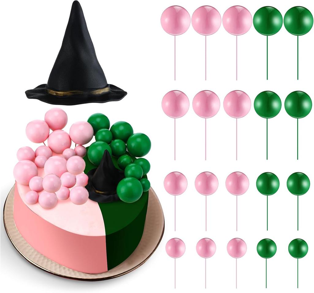 41 Pcs Witch Theme Party Supplies Green and Pink Balls Cake Topper With Witch Hat for Birthday Cake Decoration