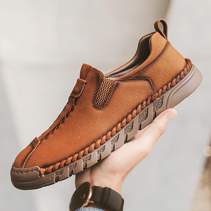 Men's Hand-stitched Leather Slip-on Shoes: Casual, Large Size, Soft Sole for Driving & Outdoor