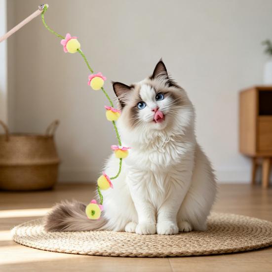 Cat Teaser Toy Interactive Lightweight Cat Stick with Bell Safe Chewing Toy Long Handle Entertainment Toy for Pet
