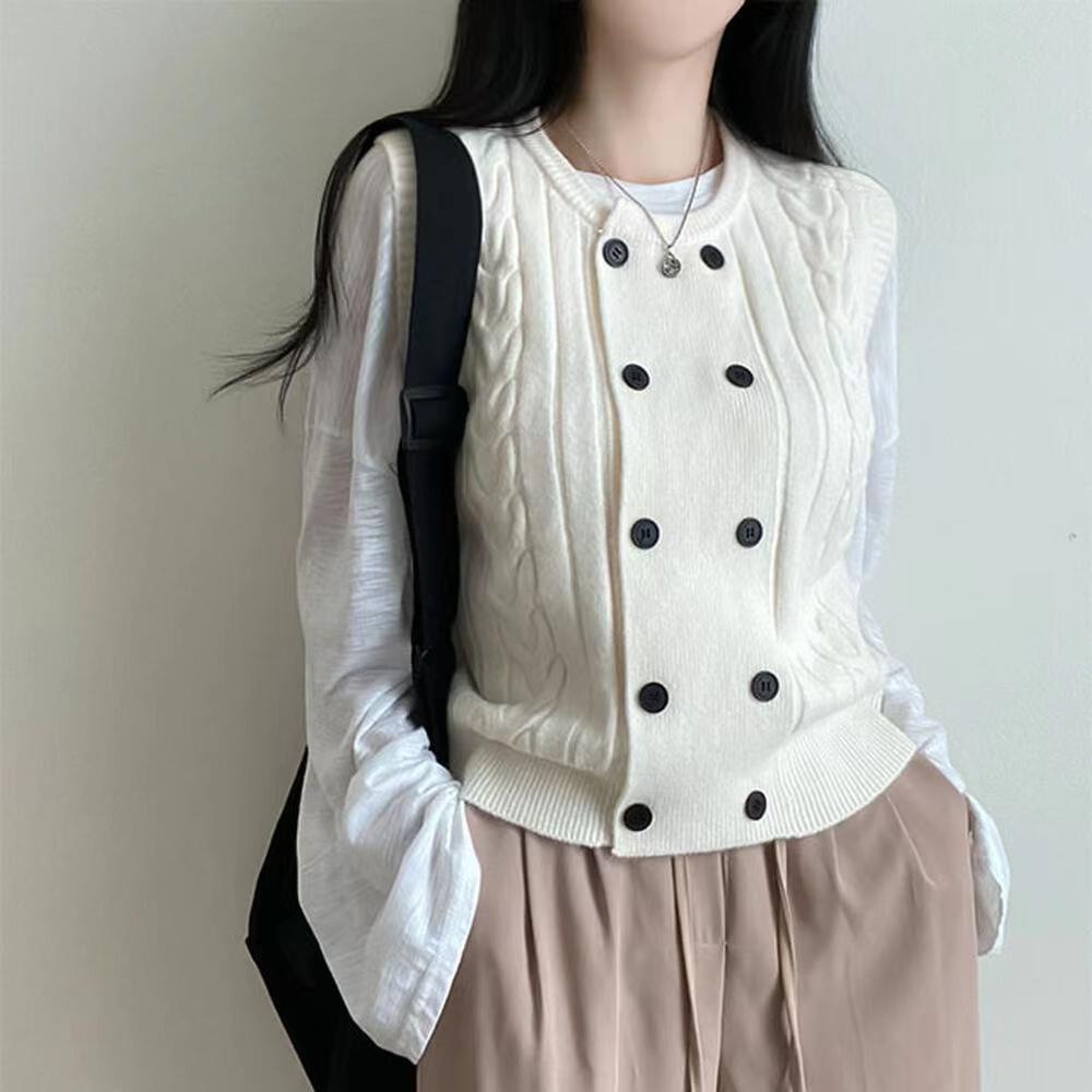 Korean Fashion Knitting Double Breasted Sweater Winter Retro Knit New Design Cardigan Women Aesthetic Casual Joker Sleeveless Vest