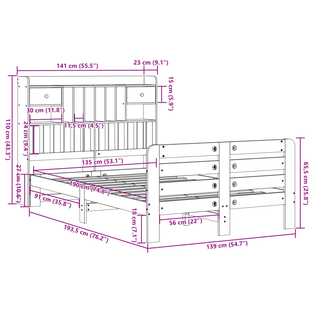 Solid Wood Bed with Shelf without Mattress Wax Brown 135 x 190 cm