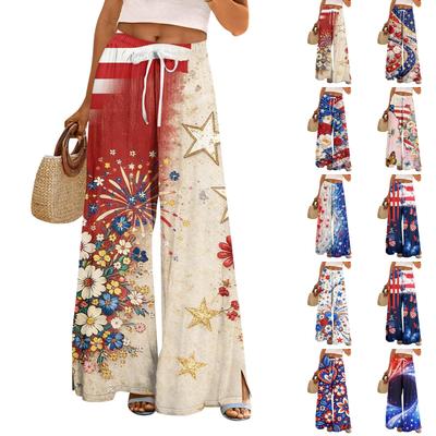 Women Summer Boho Palazzo Pants High Waist Wide Leg Printing Casual Trousers With Pockets