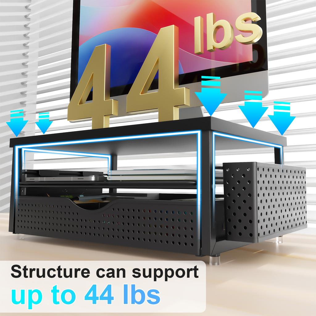 2-Tier Computer Monitor Stand Riser with Drawer and 2 Pen Holders Desk Organizer Desk Monitor Riser for Office Supplies