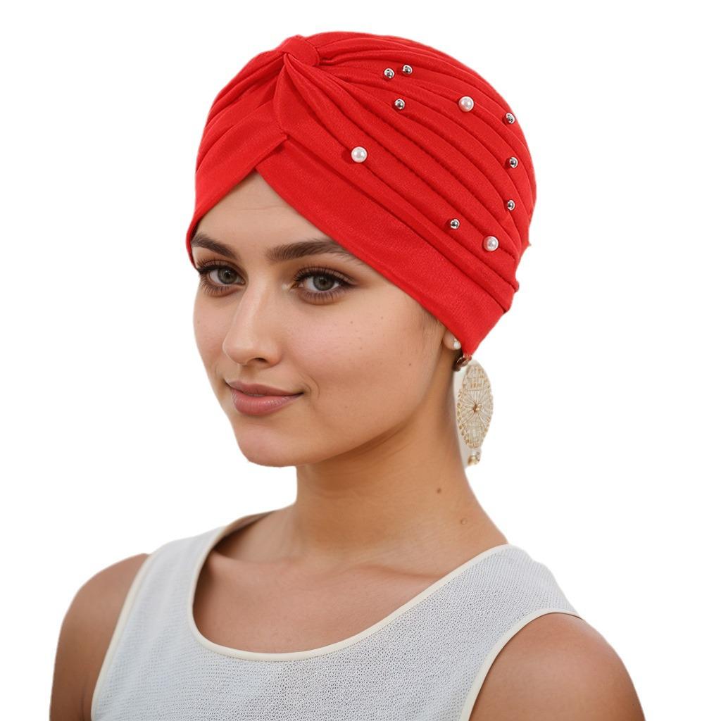 Stilvolles plissiertes Perlen-Kopftuch-Wickeltuch in Wassermelone