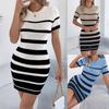 Women Striped Knit Short Sleeve Bodycon Mini Dress
