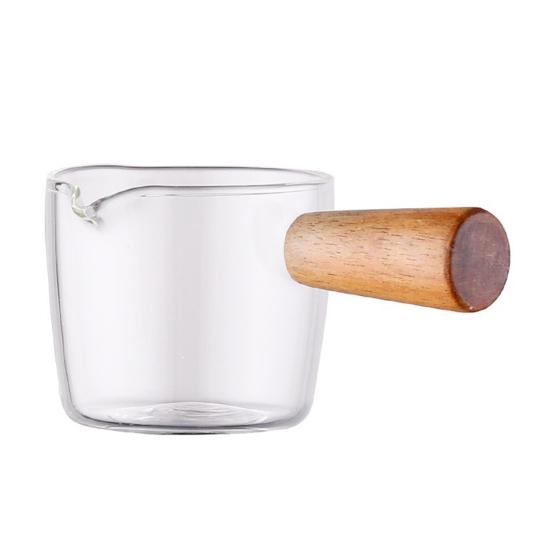 Coffee Milk Pitcher with Wooden Handle Mini Glass Creamer Cup for Espresso Small Sauce Dipping Bowl Measuring Scale Condiment Dish