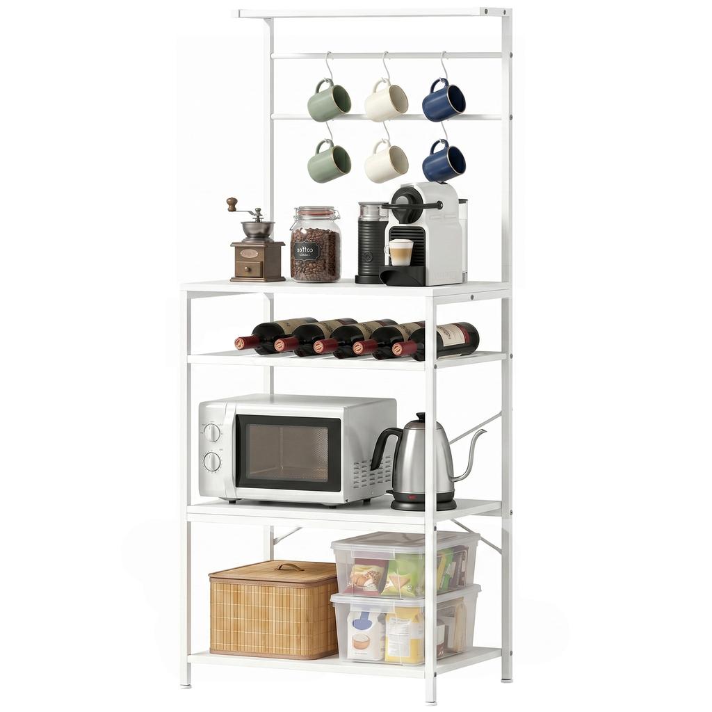 Freestanding Shelving Unit, Industrial Storage Shelf with 6 Hooks and Wine Rack for Living Room, Home Office, White
