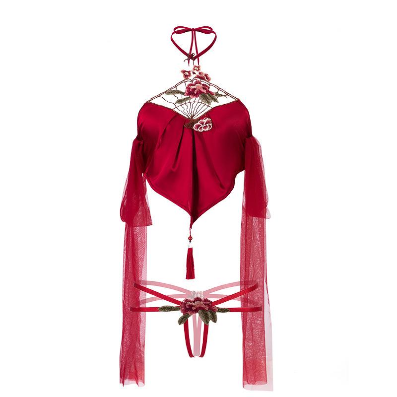 Fun underwear sexy antique peony embroidery neck belly pocket strap bandage hollow uniform set