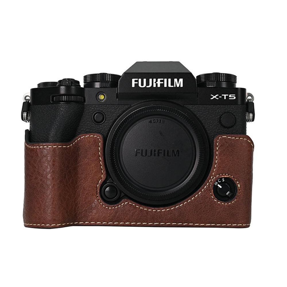 Magnetic PU Leather Camera Half Case for Fujifilm XT5 Fuji X-T5 Litchi Skin Bottom Opening Cover