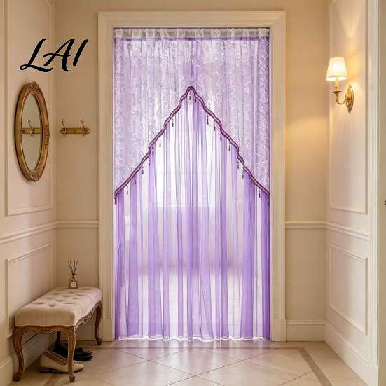 Elegant Sheer Door Hangings Floral Curtain with Beads Lace Embroidered Gauze Room Romantic Home Decor for Living Divider Rod Pocket Doorway Bedroom
