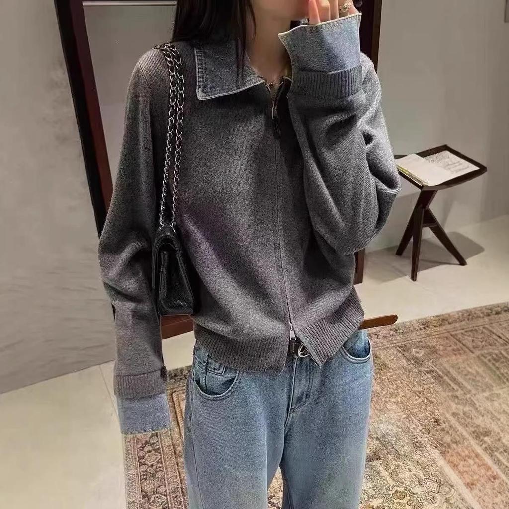 Women's Casual Cashmere Knit Denim Lapel Cardigan with Double Zipper