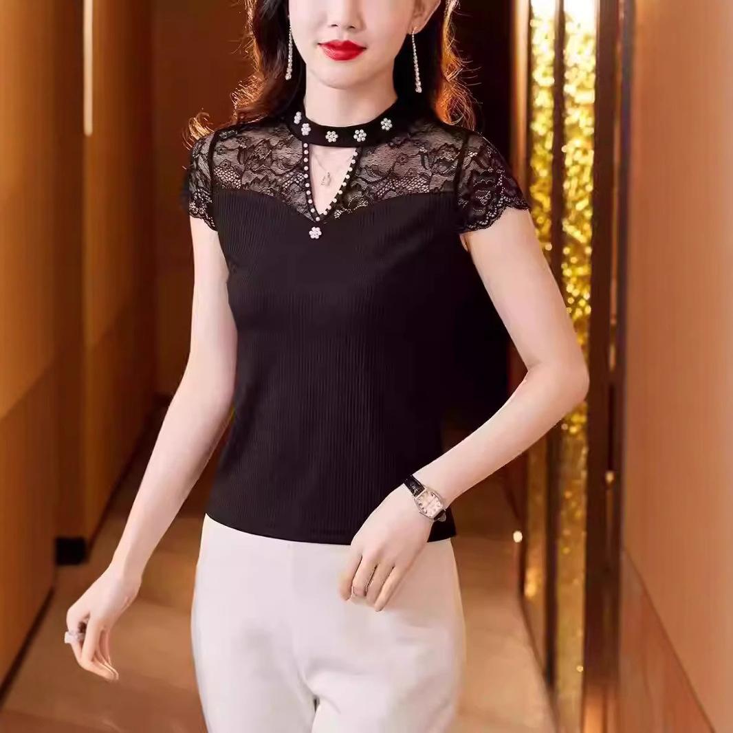 

Кружевная вставка, летний дизайн, бусины, вырез «капля», ключица, футболка с коротким рукавом, женская, облегающая и тонкая, вязаный ажурный топ, тренд M (80-45 kg) чёрный