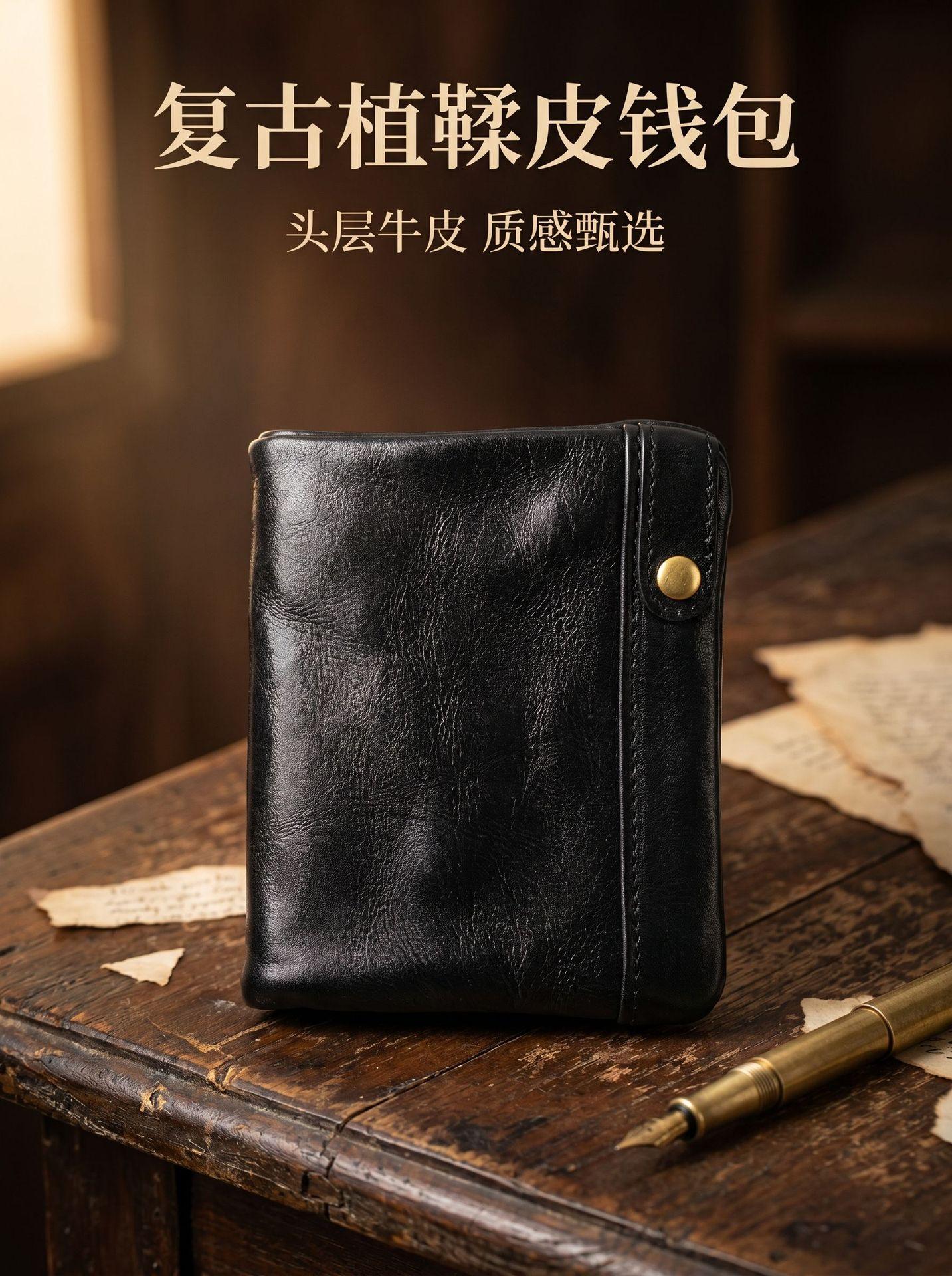 

Men Genuine Leather Bifold Wallet, Anti-Theft Short Snap Wallet with Multi-Card Slots, Secure Travel Small Wallet for ID & Cash чёрный