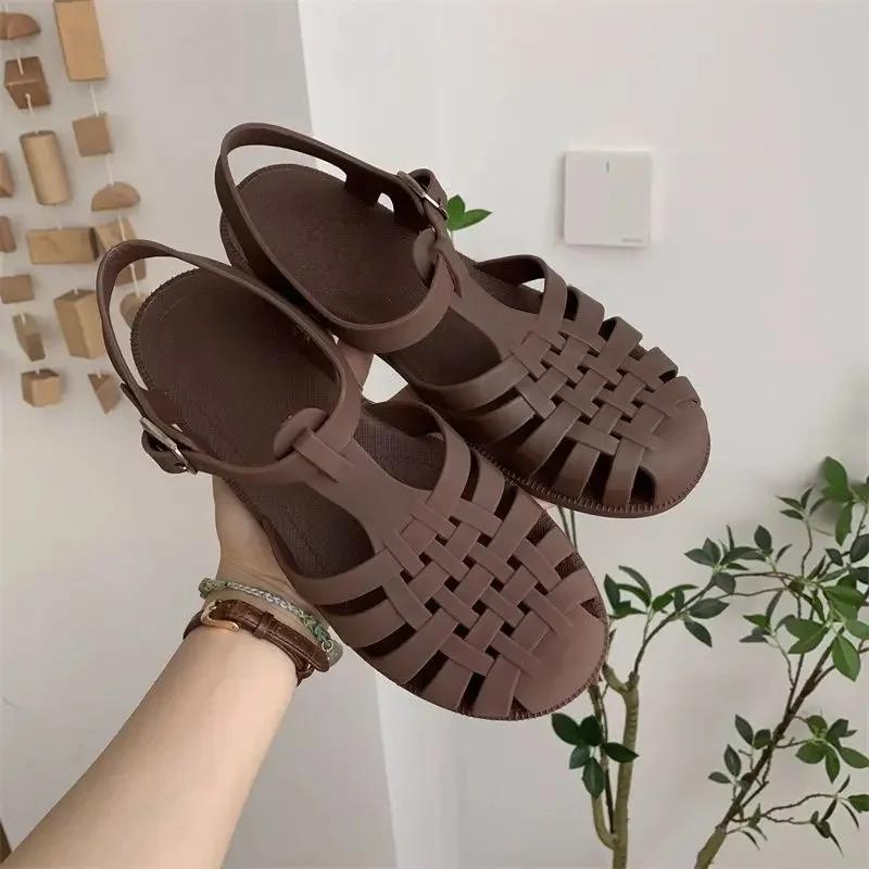 Green Fashion Casual Anti-Slip Flat Bottom Jelly Shoes Women Summer Student Retro Fairy Style Hollow Woven