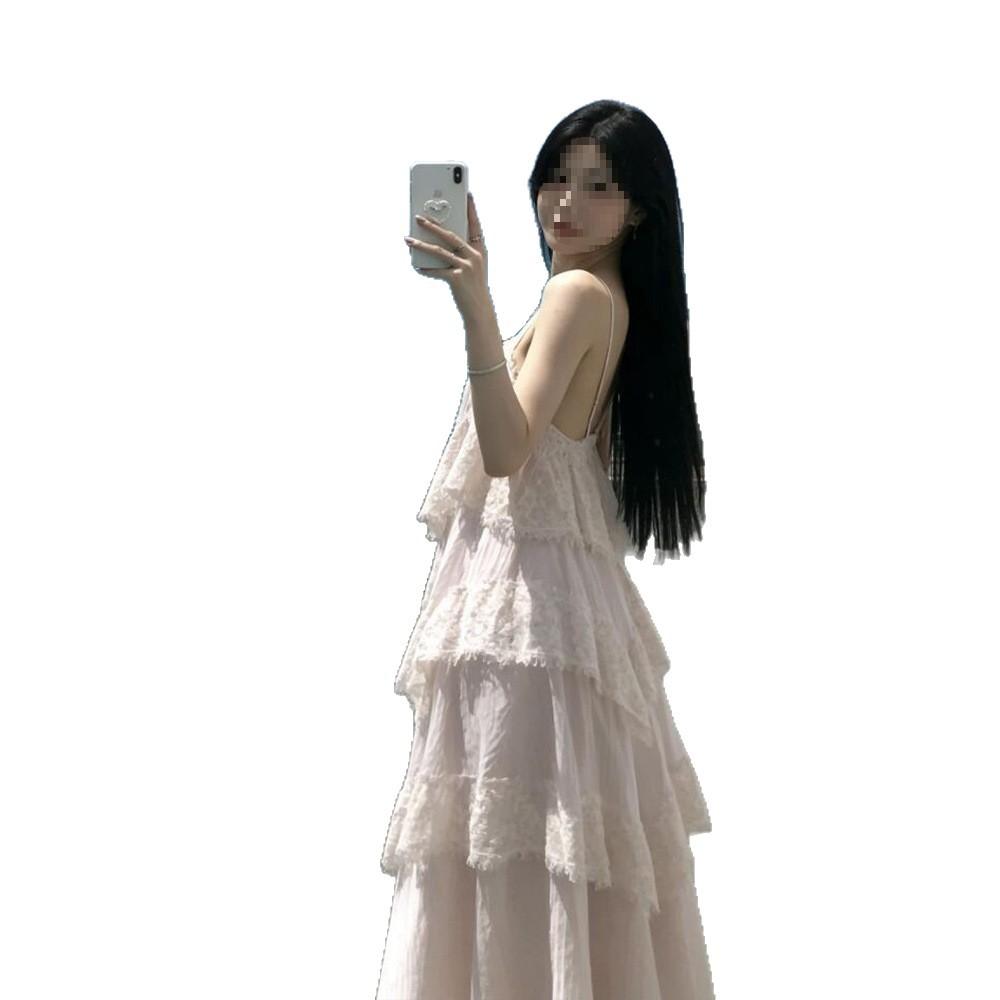 In Stock At the Actual Price, Korean Gentle Wind Lace Beautiful Back Suspender Dress, Spring New Holiday Wind Cake Long Dress for Women