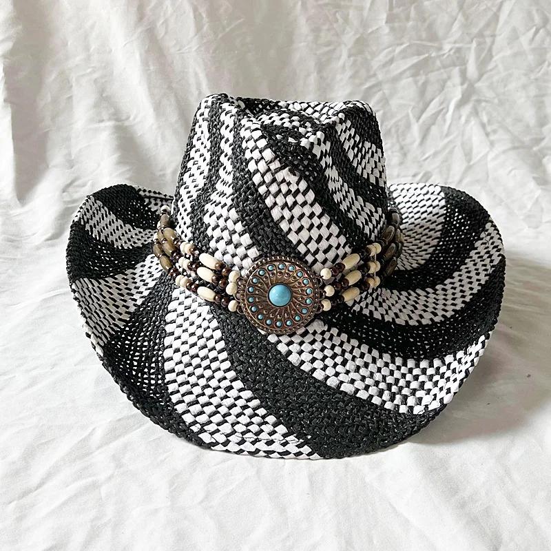 

Handmade Color Matching Sun Hat Characteristic Ethnic Style Western Cowboy Straw Hat Black and White Two-color Woven Beach Hat 56-58cm