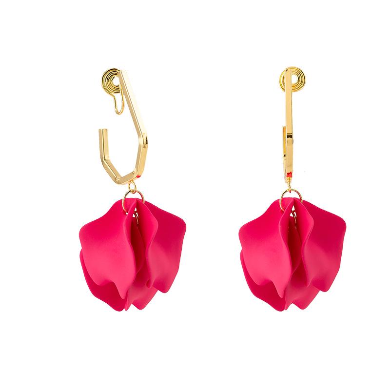 Exaggerated Rose Red Petal Clip-On Earrings: High-End European/American Style, Fashionable Mosquito Coil Design.