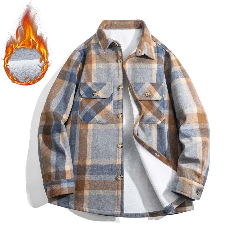 Men's Autumn and Winter Casual Thickened Plaid Wool Lamb Fur Jacket Shirt Jacket