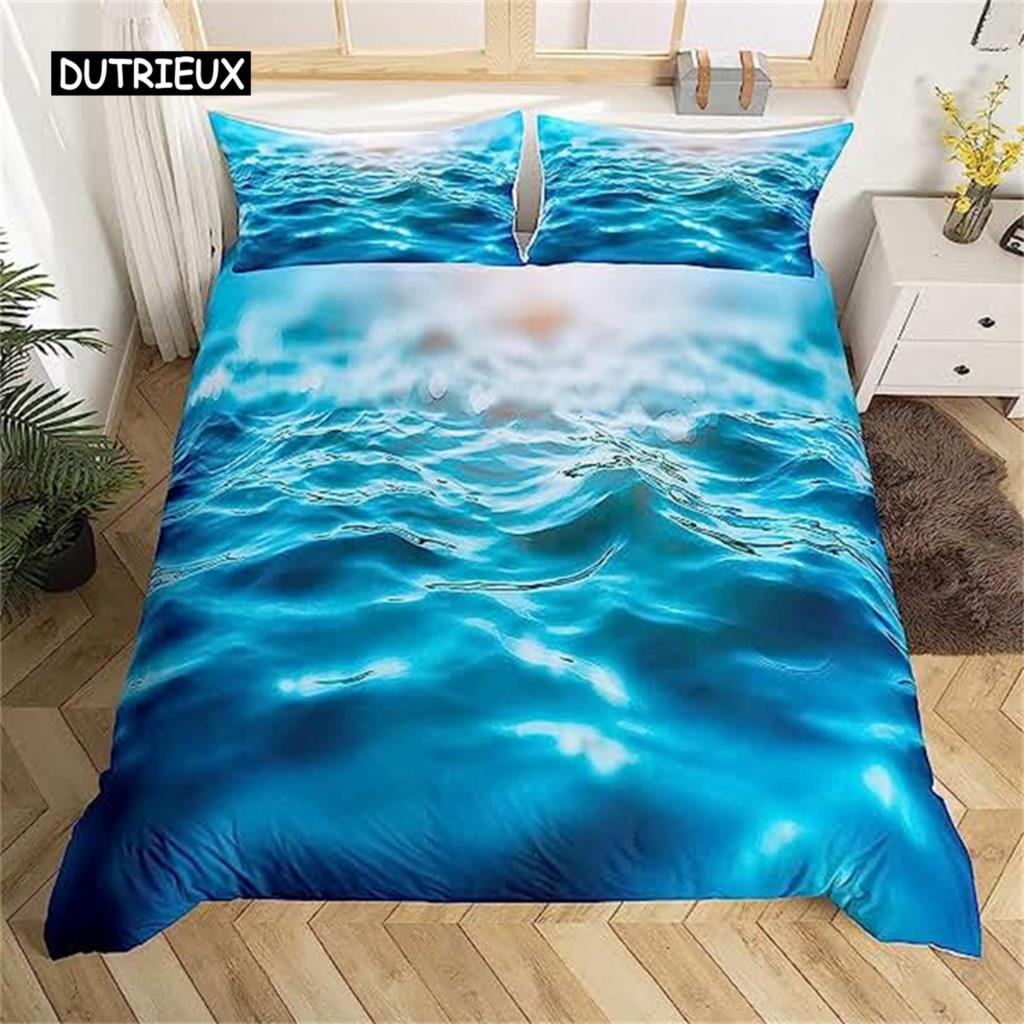 Blue Ocean Duvet Cover Waves Bedding Set Hawaiian Tripocal Sea Wave Sea Beach Bedding Comforter Cover Microfiber for Women Men