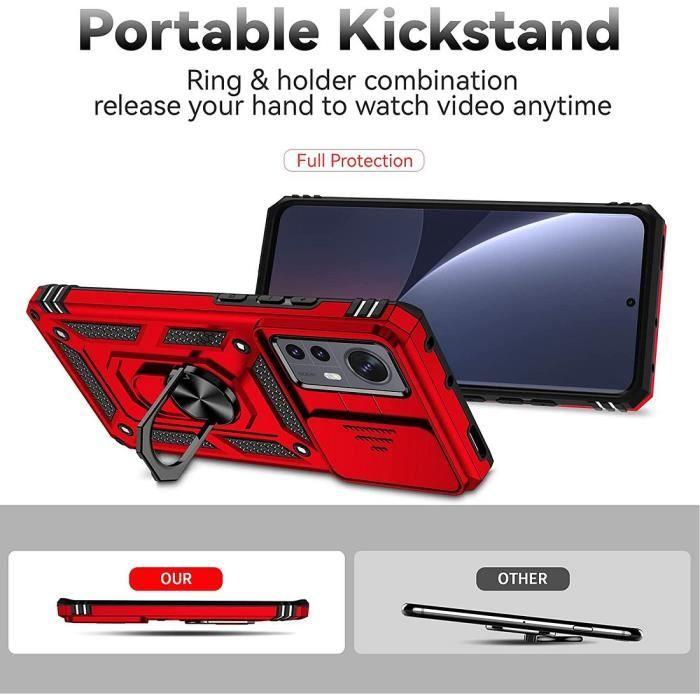 Coque pour Xiaomi 12 Pro - Rouge - Rigide - Antichoc - Béquille pivotante 360° - Protection caméra