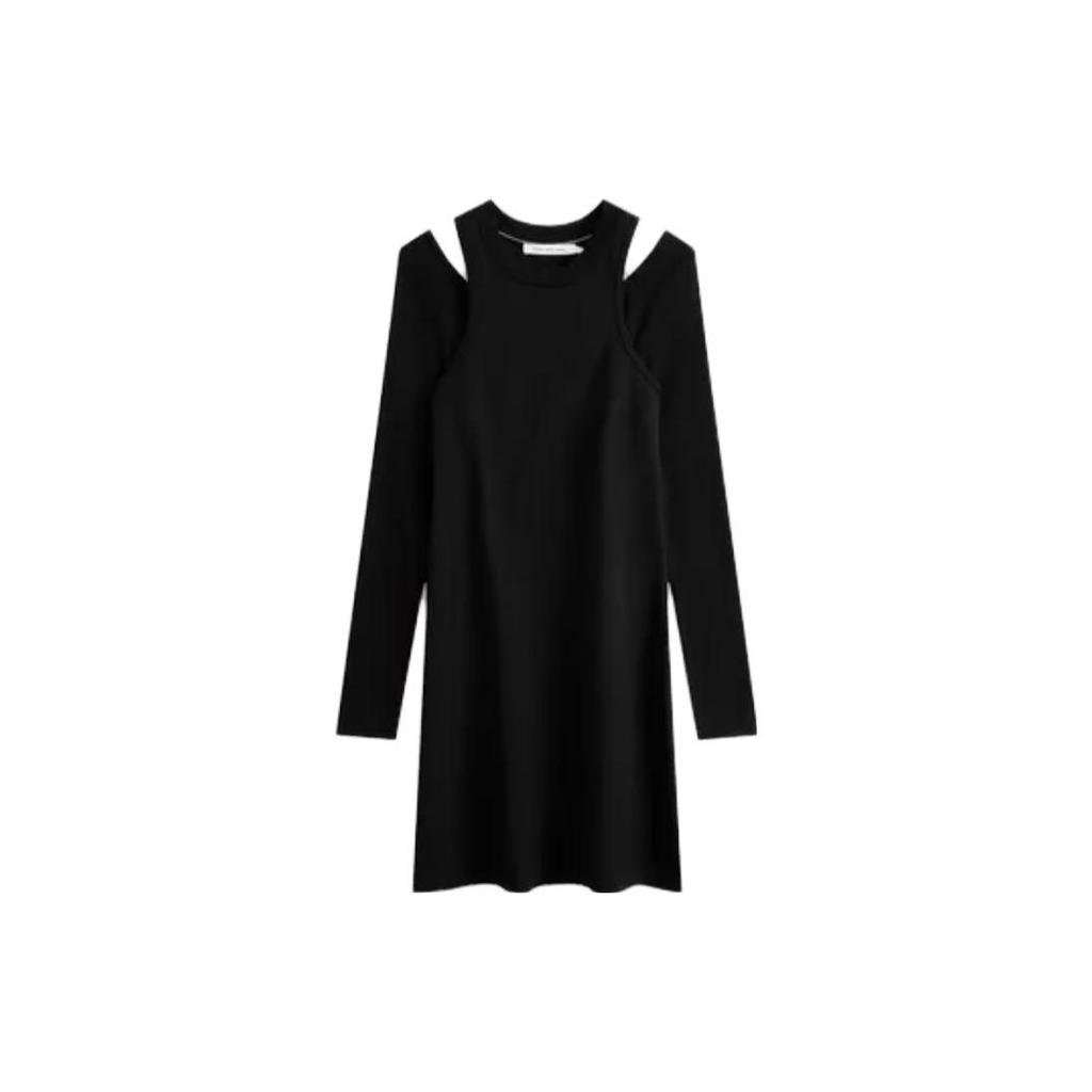 Calvin Klein Solid Color Embroidered Letter Off-Shoulder Long Sleeve Dress Women Dresses Space-Black J222324-BEH