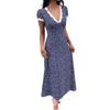 Women's Polka Dots Lace Trim Deep V Neck Dress Short Sleeve Flared Long Dresses