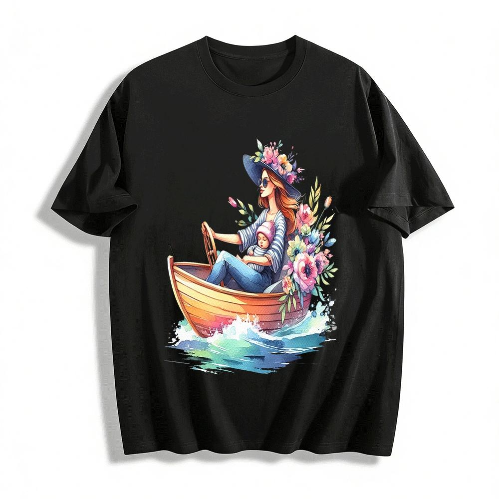 Mom Holding Baby Rowing Boat Print Casual Parent-Child T-Shirt Pure cotton T-shirt XXS