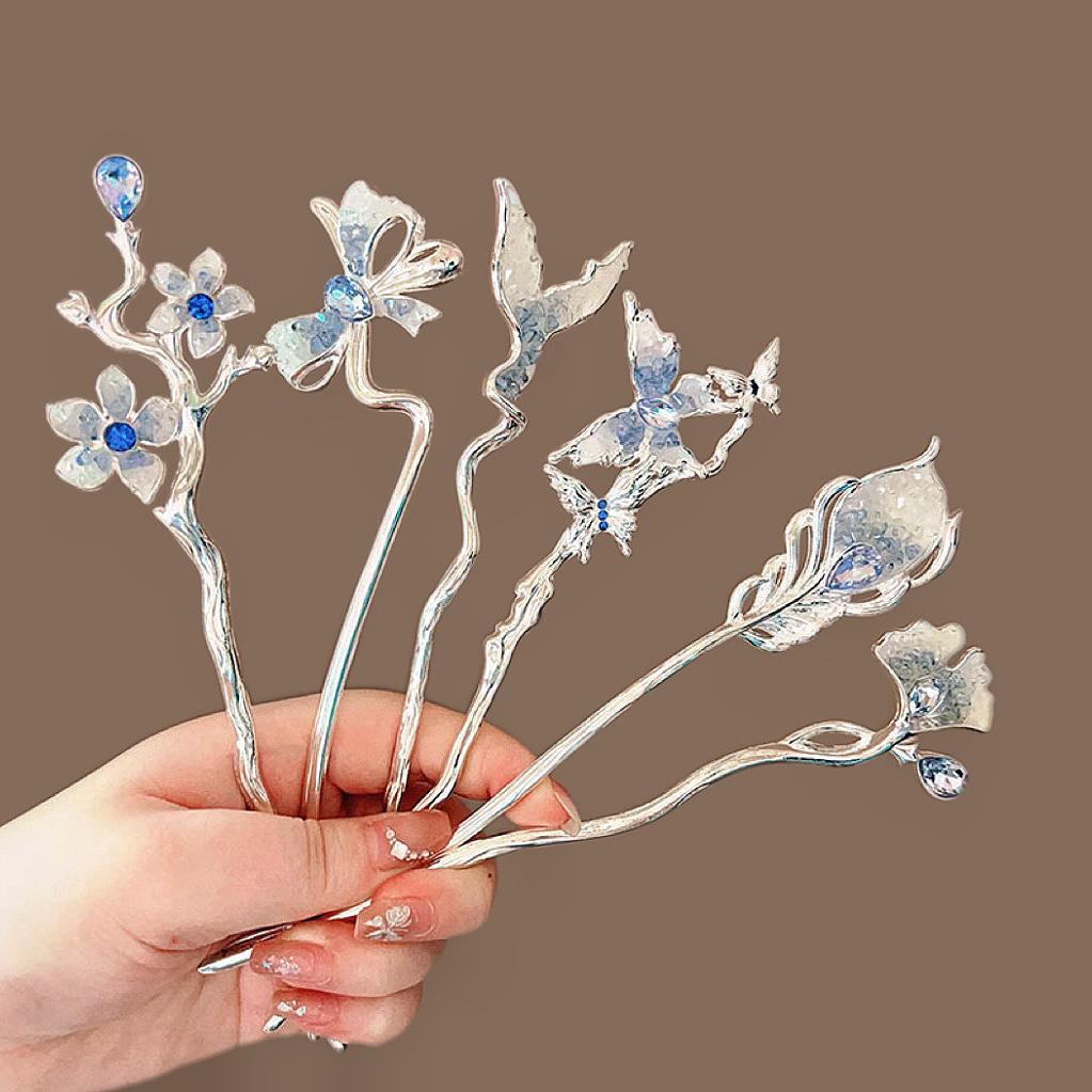 New Glitter Broken Crystal Hairpin For Women Neo-chinese Style Butterfly Peacock Feather Bowknot Hair Stick Girls Hair Accessory