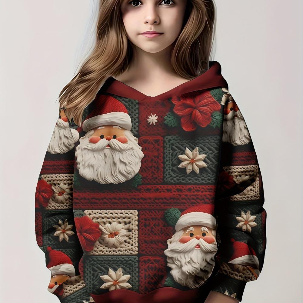 Girls' Christmas Santa 3D Print Pattern Hoodie Long Sleeve Casual Polyester Round Neck Spring Fall Collection