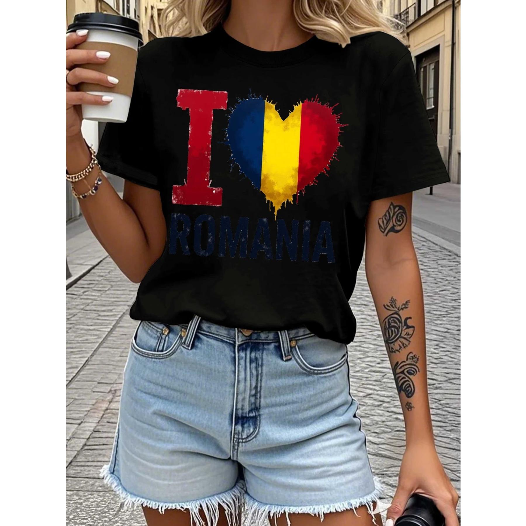 Women s I Love Romania Flag Heart T-Shirt Comfort Fit Casual Short Sleeve, Romanian Pride Design with TRicolor Flag Colors & Bold ROMANIA Lettering S чёрный