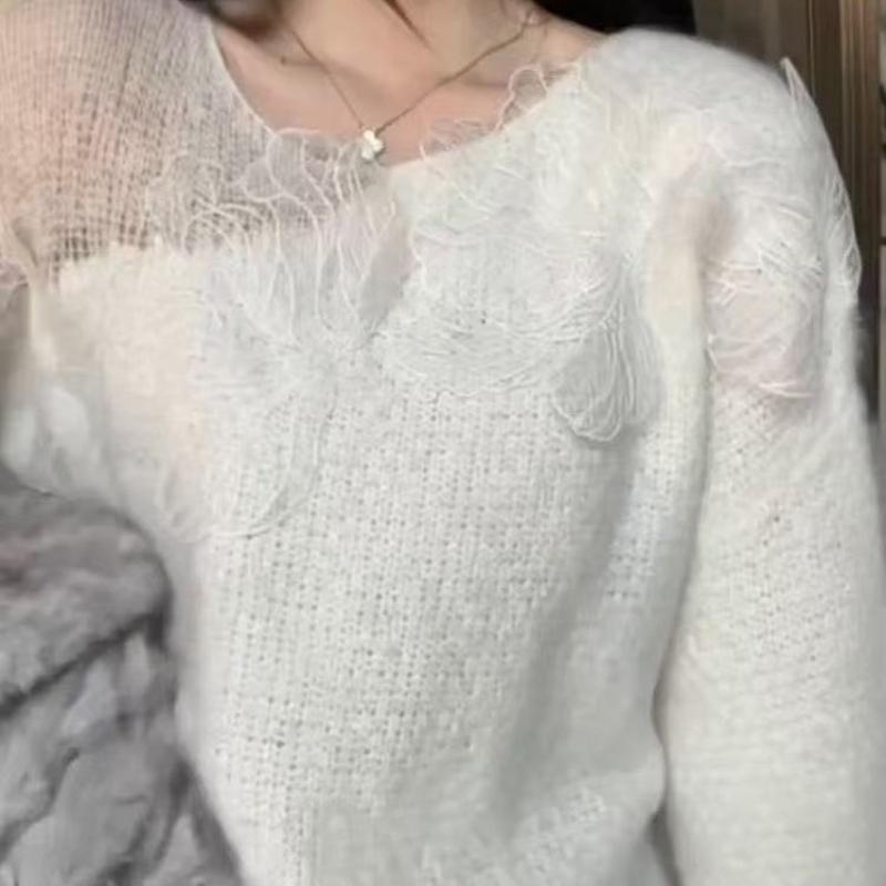 Pullover mit französischer Spitze und hohlen Blumen für Damen im Herbst und Winter, lockeres Strickoberteil-Design für Damenbekleidung