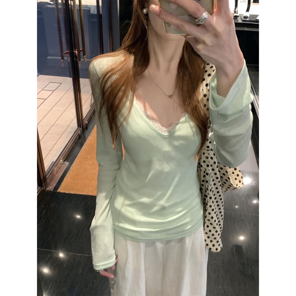 Thin V-neck Tencel sunscreen blouse long-sleeved T-shirt women's top spring with chest pad, sling vest two-piece package
