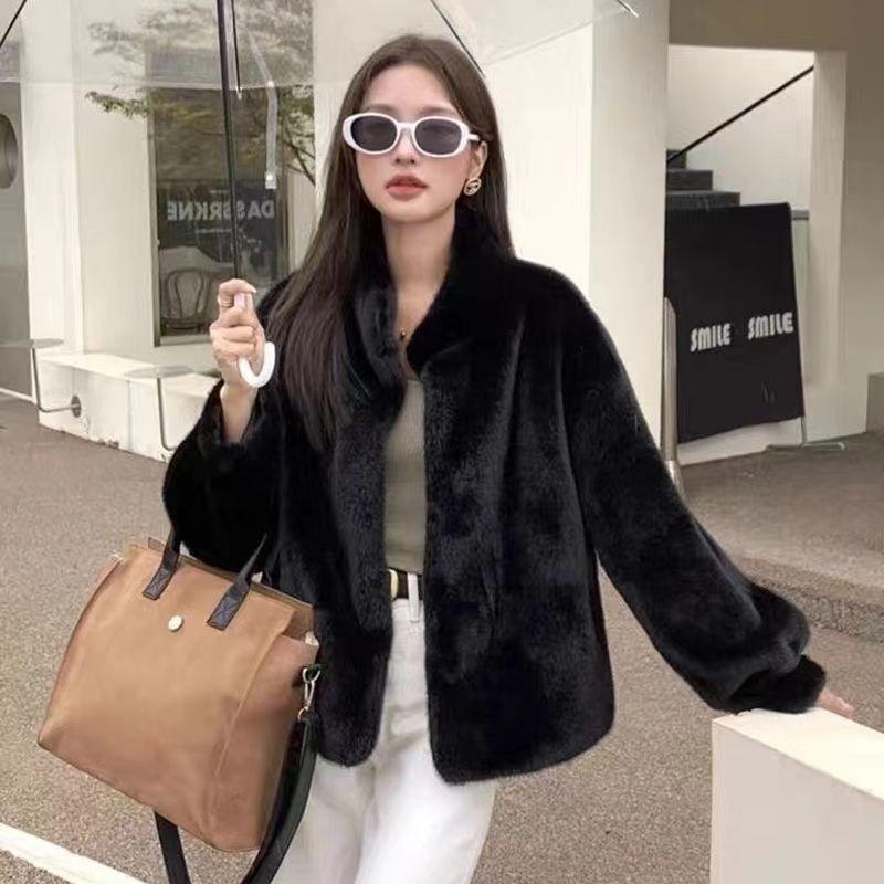 Fur One-piece Stand Up Collar Fur Coat For Young Women Short Winter Solid Color Eco-friendly Loose Fur Coat Woman