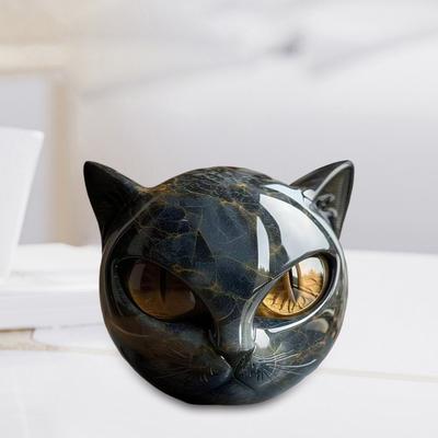 Schwarze Katze Steinfigur Harz Katzenkopf Heilstein Marmorstruktur Katze