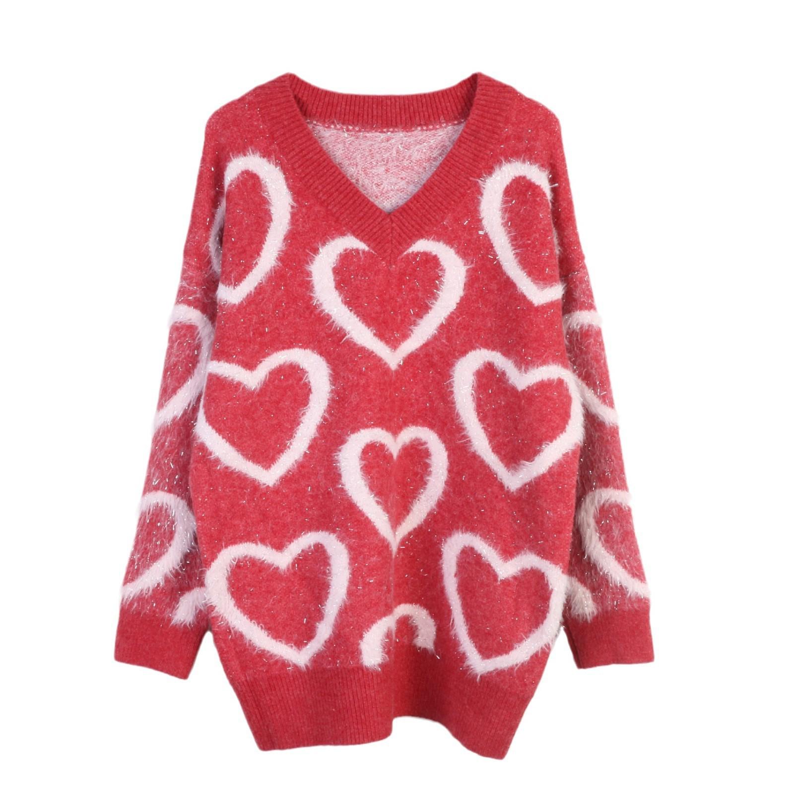 

Heart Style Loose V-neck Mid-length Knitted Sweater - Autumn/Winter L