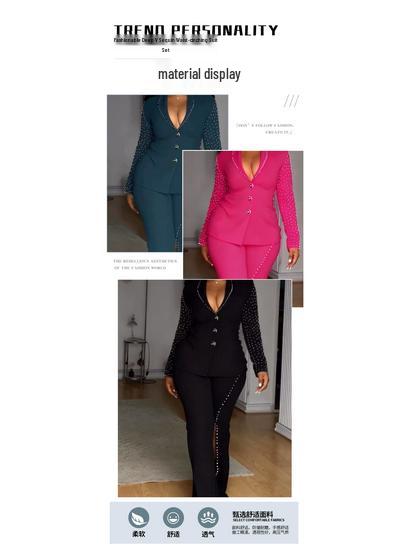 Elegant Rhinestone Long Sleeve Low-Neck Slim Fit Two-Piece Pant Suit