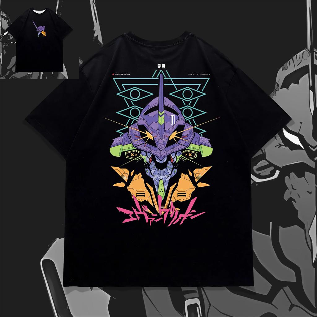 Koszulka anime z dwustronnym nadrukiem głowy EVA Unit-01 z 2026, męska i damska, vintage, oversize, streetwear, Harajuku,