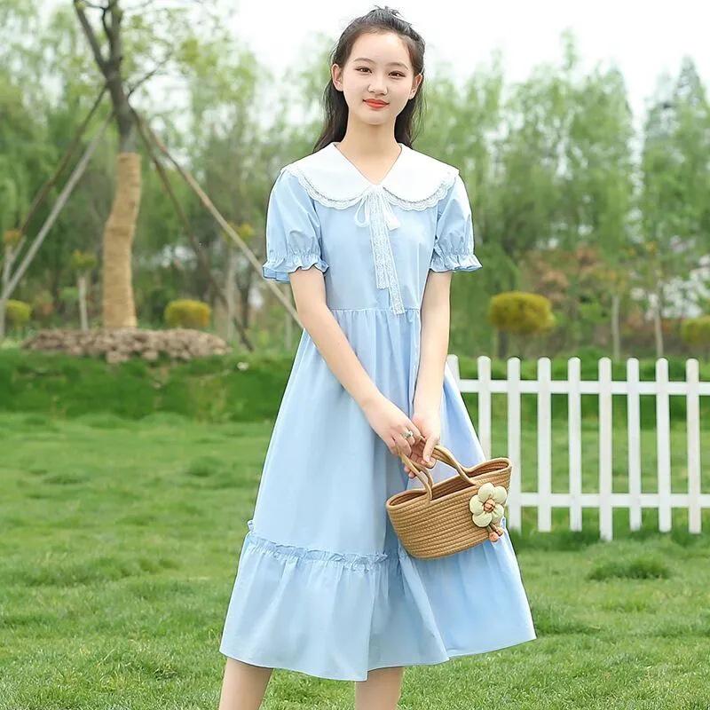 Junior High Girls' College Style Knee-Length Summer Dress with Doll Collar (Ages 12-15)
