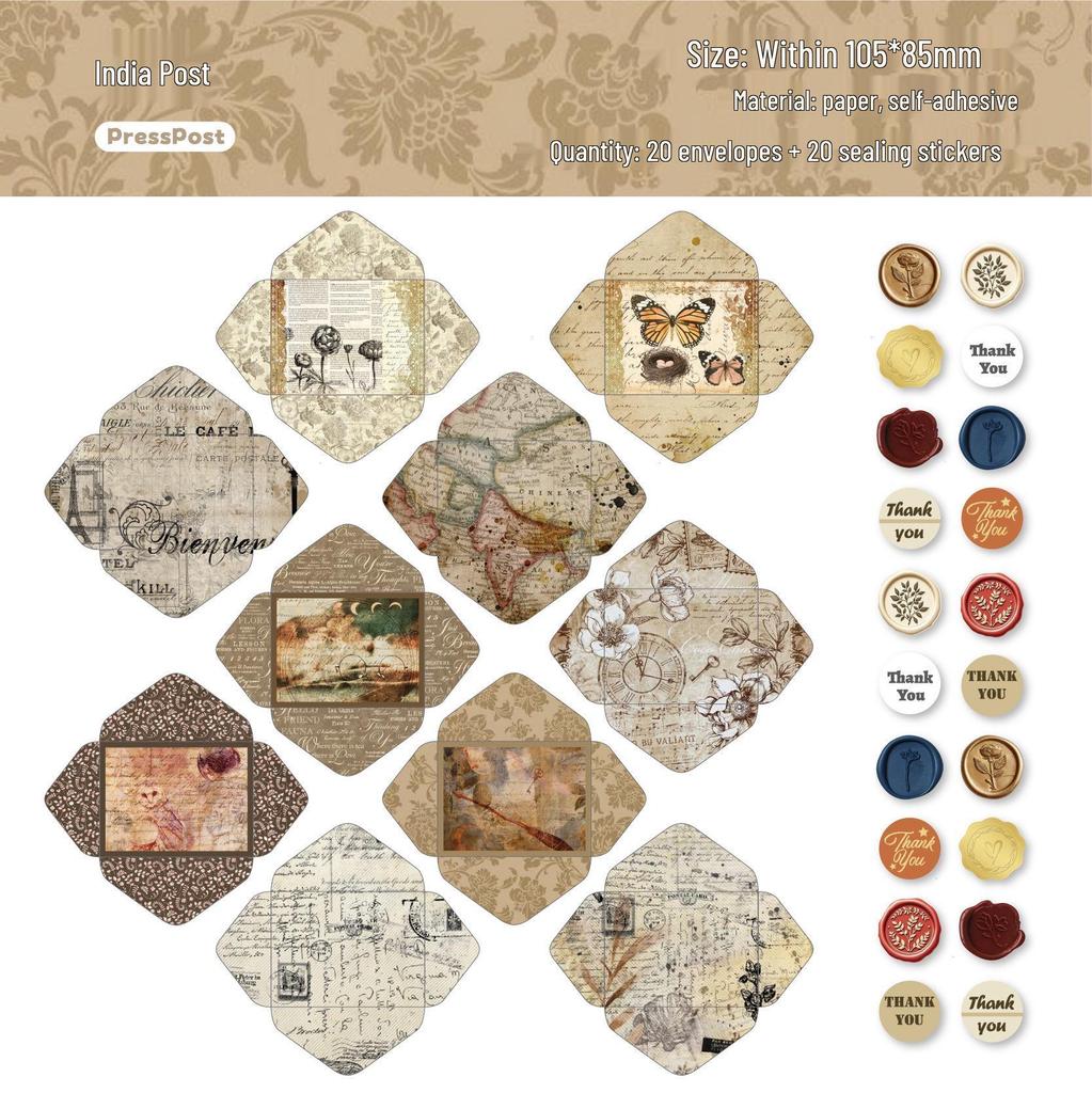 RetroStory Mini Mail Series: 20 Sheets of Creative Decorative Stickers and Collage Envelopes