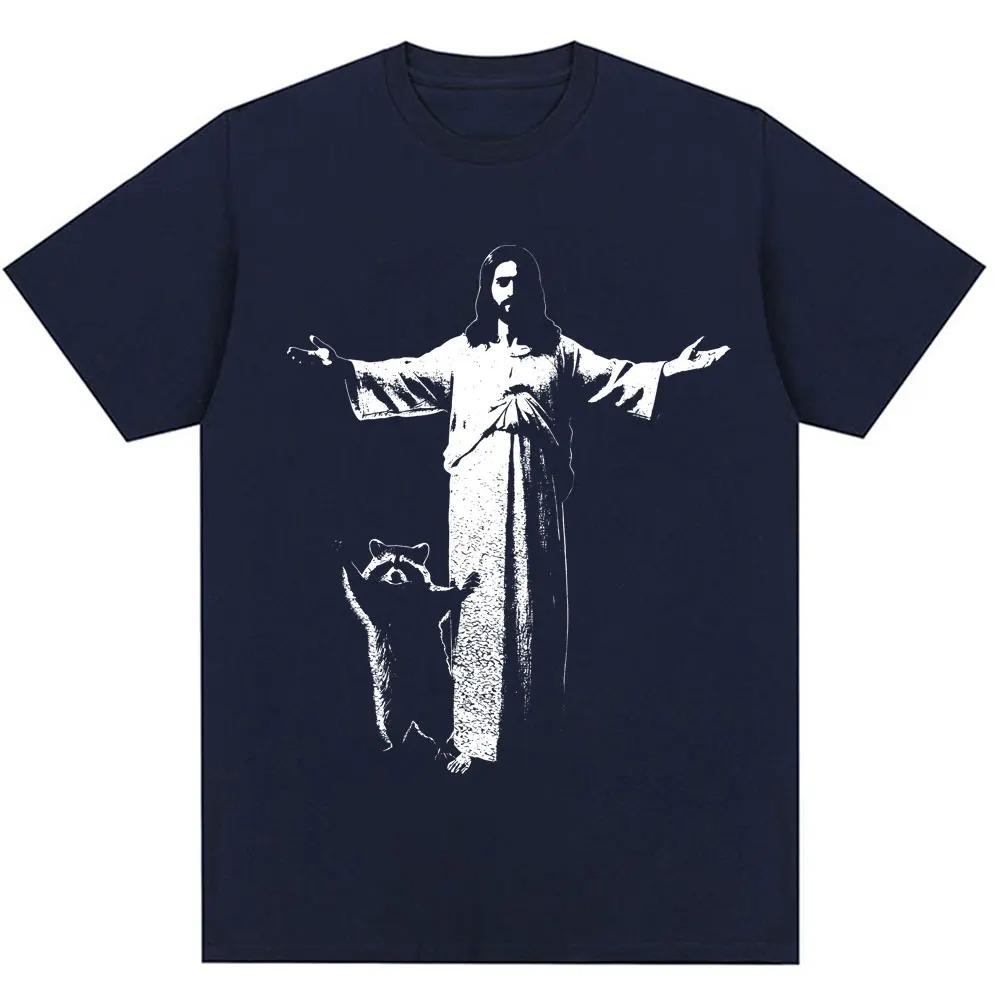 Summer Vintage Fashion Unisex Women ONeck Tshirt Jesus and Raccoon Funny Christian Graphic Tshirt Oversized Cotton Casual Tshirt