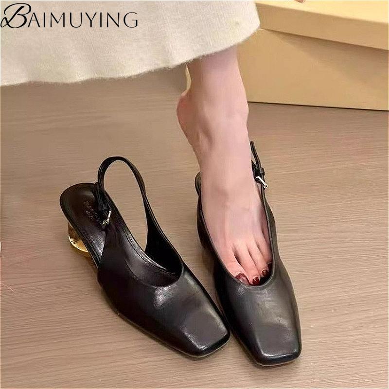 Fashion High Heels Women Sandals Square Toe Slippers Shoes Designer Summer Slingback 2024 Trend Soft Leather Dress Chunky Pumps Fashion