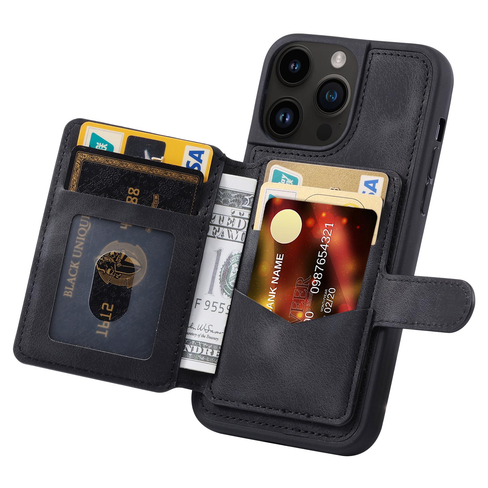 

For iPhone 14 Pro Max Phone Wallet Case RFID Blocking Leather Coated TPU Kickstand Cover Black