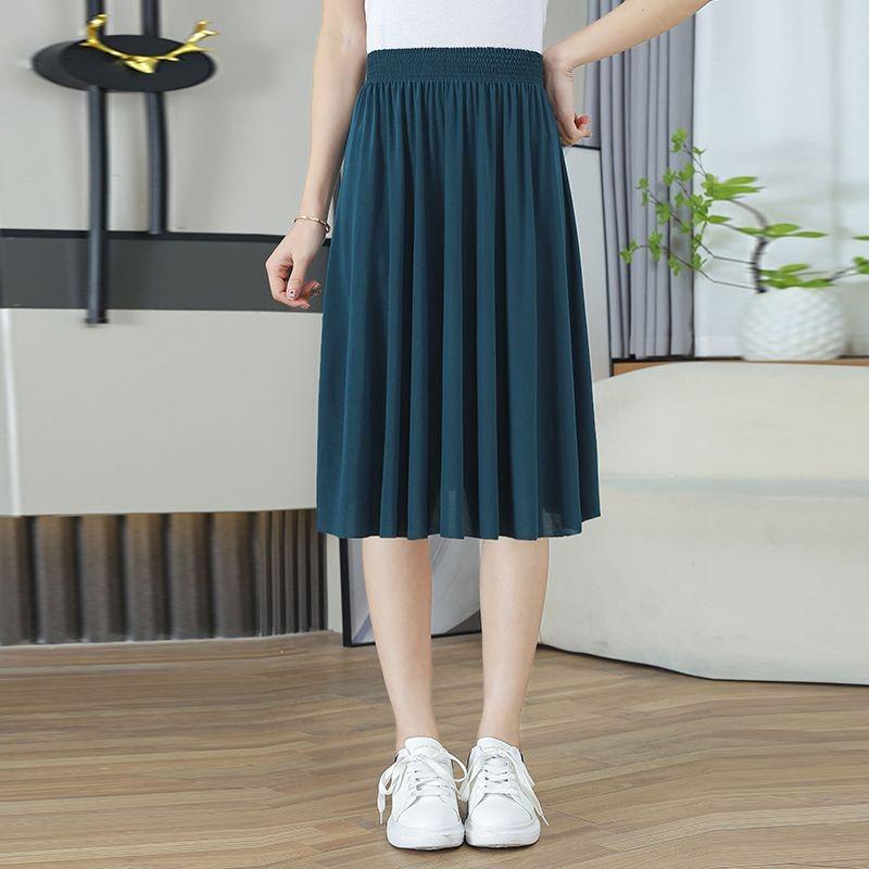 Women's Versatile Black Flowy A Line Midi Skirt with Elastic Waist