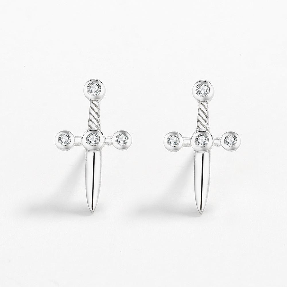 

S925 Sterling Silver Dagger Stud Earrings with Diamonds - Unique Cartilage Piercing Jewelry, INS Style. 925 Sterling Silver